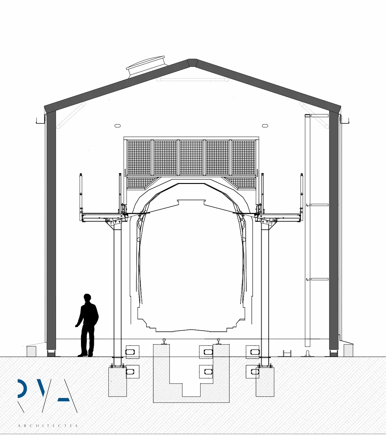 Fosse et passerelle intégrées pour un atelier TER fonctionnel, abritées par un volume en aluminium