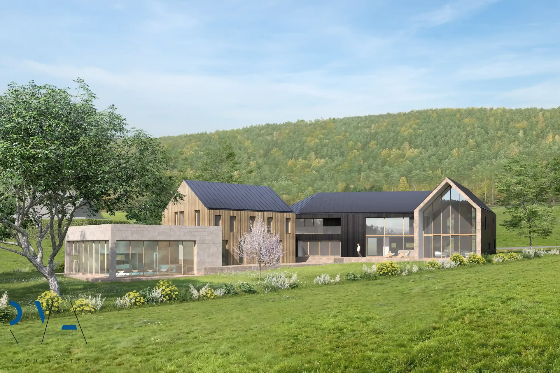 Architecture de volume successifs, harmonieusement reliés par les aménagements extérieurs