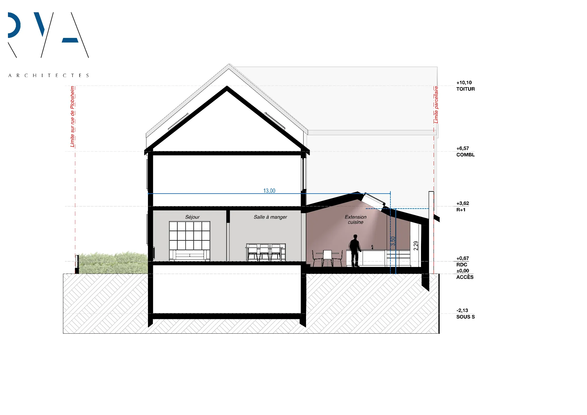 Une coupe illustrant le volume de l'extension et sa continuité avec la pièce de vie du rez-de-chaussée