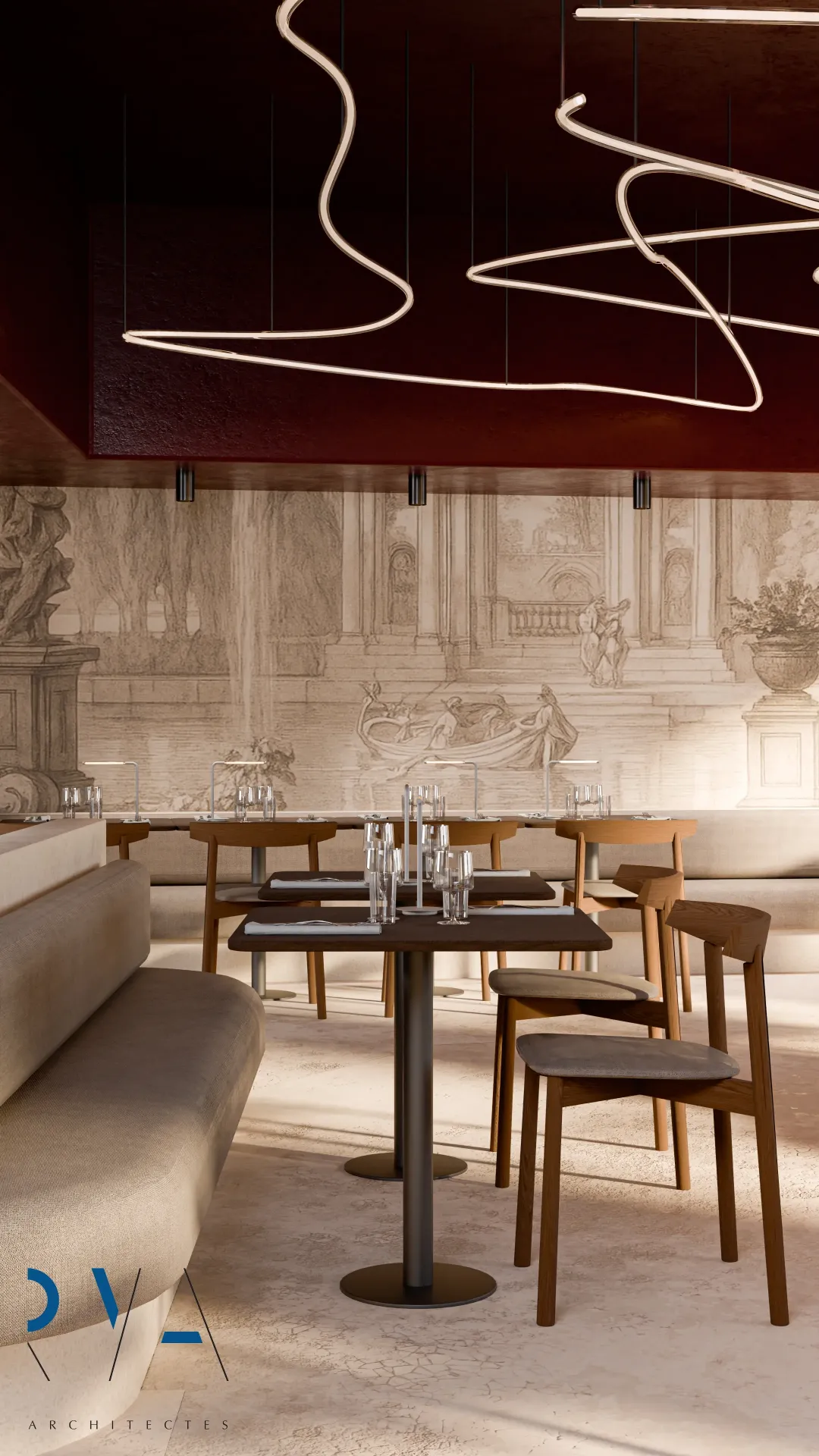 Salle rue des Orfèvres Fresque murale inspirée de Strasbourg, un décor crayonné au charme ancien qui habille les murs de la brasserie