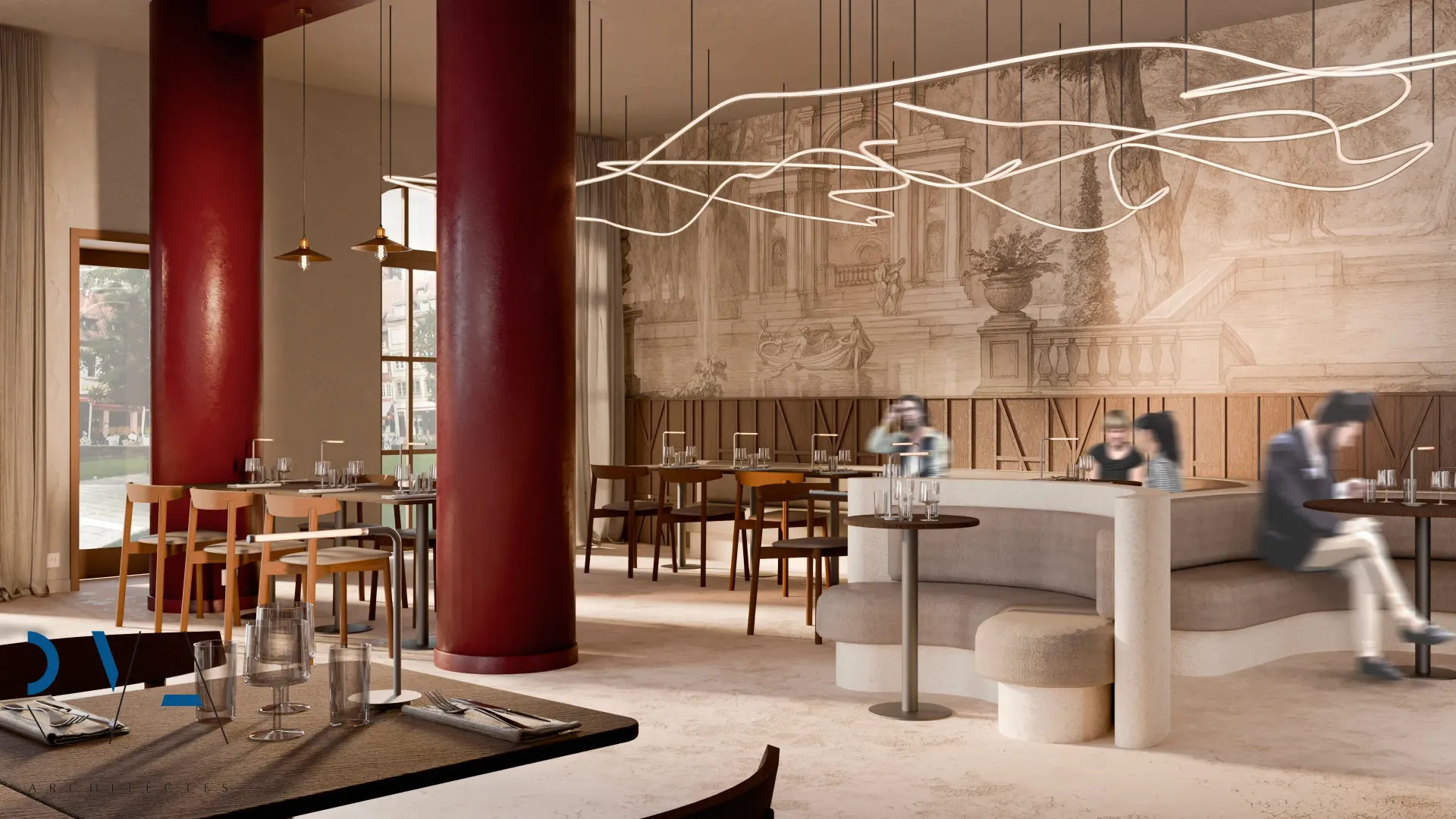 Rappel de l'architecture alsacienne, le soubassement en bois foncé s'inspire les motifs des colombages pour rythmer les murs de la brasserie